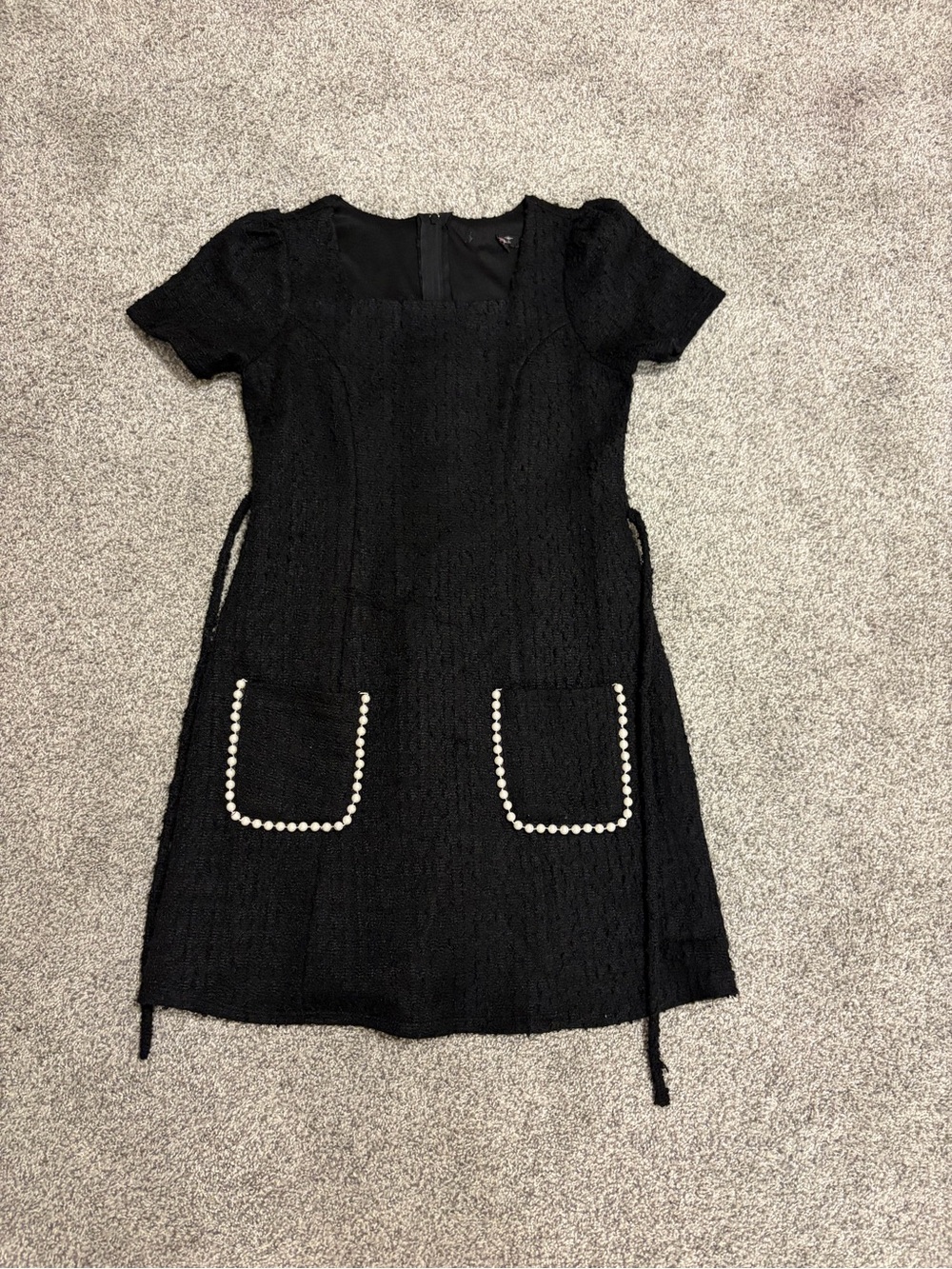 Xtraordinary Black Short-Sleeve Mini Dress with Pearl-Trim Pockets